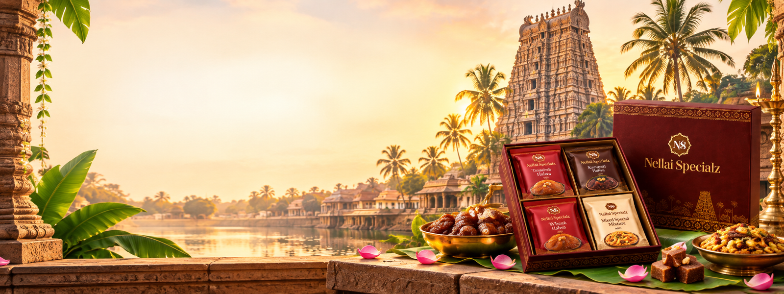 Nellai Specialz festive gift box beside Tirunelveli temple heritage